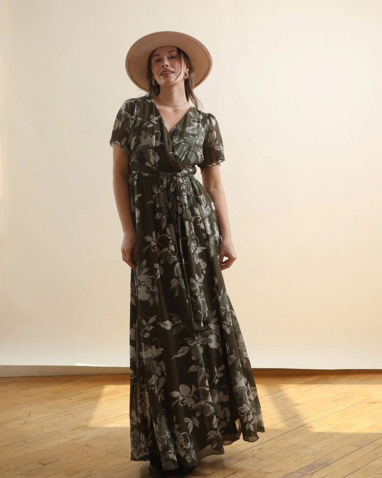 Olive Green Multi Floral Short Sleeve Chiffon Surplice Maxi Dress