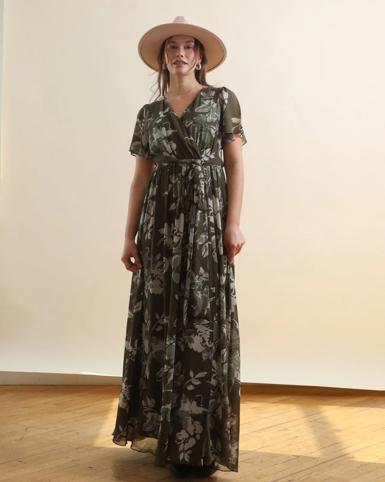 Olive Green Multi Floral Short Sleeve Chiffon Surplice Maxi Dress