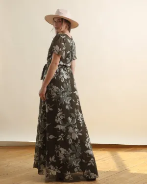 Olive Green Multi Floral Short Sleeve Chiffon Surplice Maxi Dress