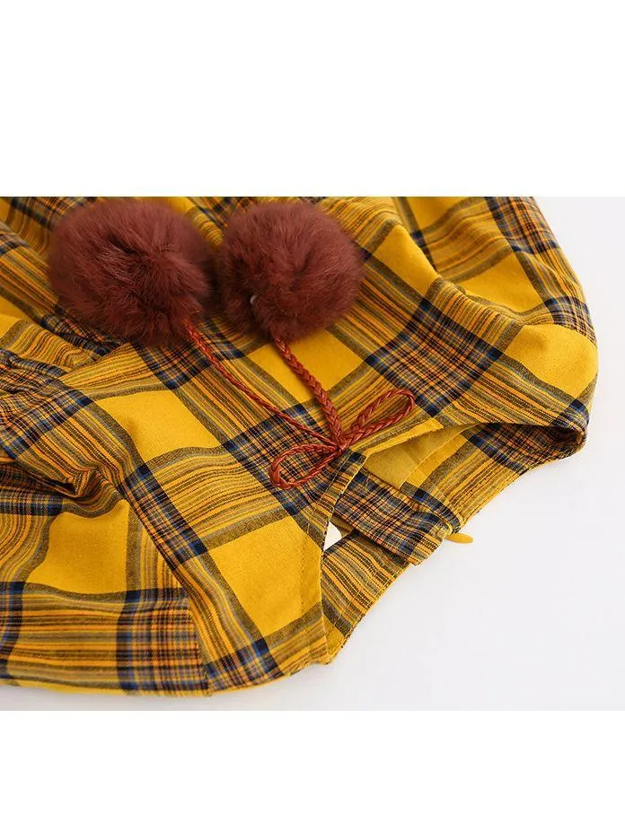 One-Piece Dress Little Big Girl Pom Pom Plaid Casual Dress Spring Autumn