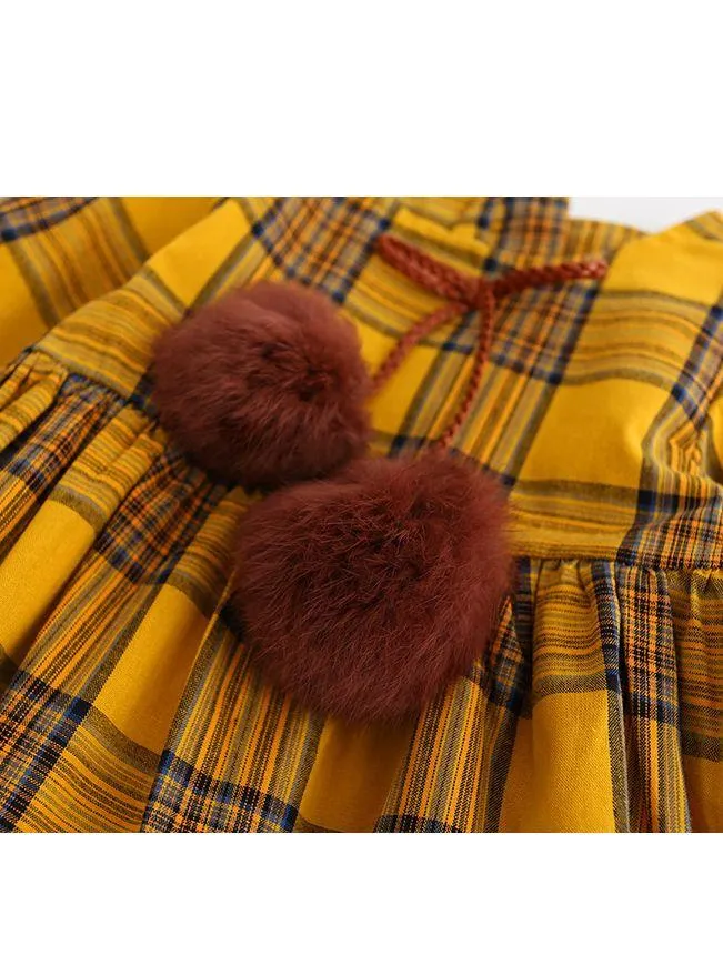One-Piece Dress Little Big Girl Pom Pom Plaid Casual Dress Spring Autumn