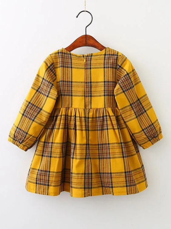 One-Piece Dress Little Big Girl Pom Pom Plaid Casual Dress Spring Autumn