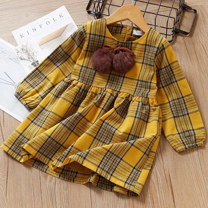 One-Piece Dress Little Big Girl Pom Pom Plaid Casual Dress Spring Autumn