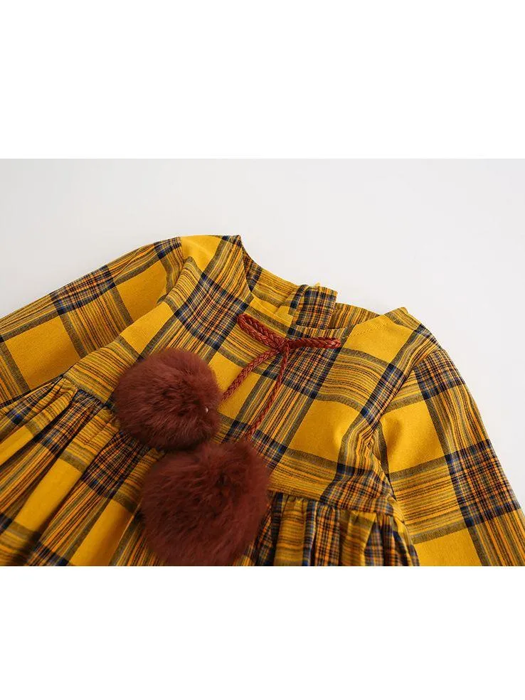 One-Piece Dress Little Big Girl Pom Pom Plaid Casual Dress Spring Autumn