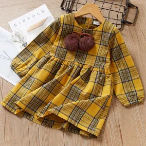 One-Piece Dress Little Big Girl Pom Pom Plaid Casual Dress Spring Autumn