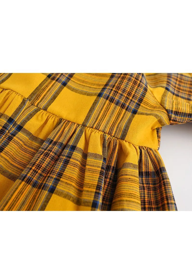 One-Piece Dress Little Big Girl Pom Pom Plaid Casual Dress Spring Autumn