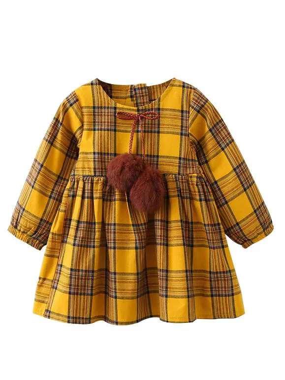 One-Piece Dress Little Big Girl Pom Pom Plaid Casual Dress Spring Autumn