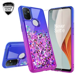OnePlus Nord N10 5G Case Liquid Glitter Phone Case Waterfall Floating Quicksand Bling Sparkle Cute Protective Girls Women Cover for OnePlus Nord N10 5G w/ Tempered Glass - (Blue/Purple Gradient)