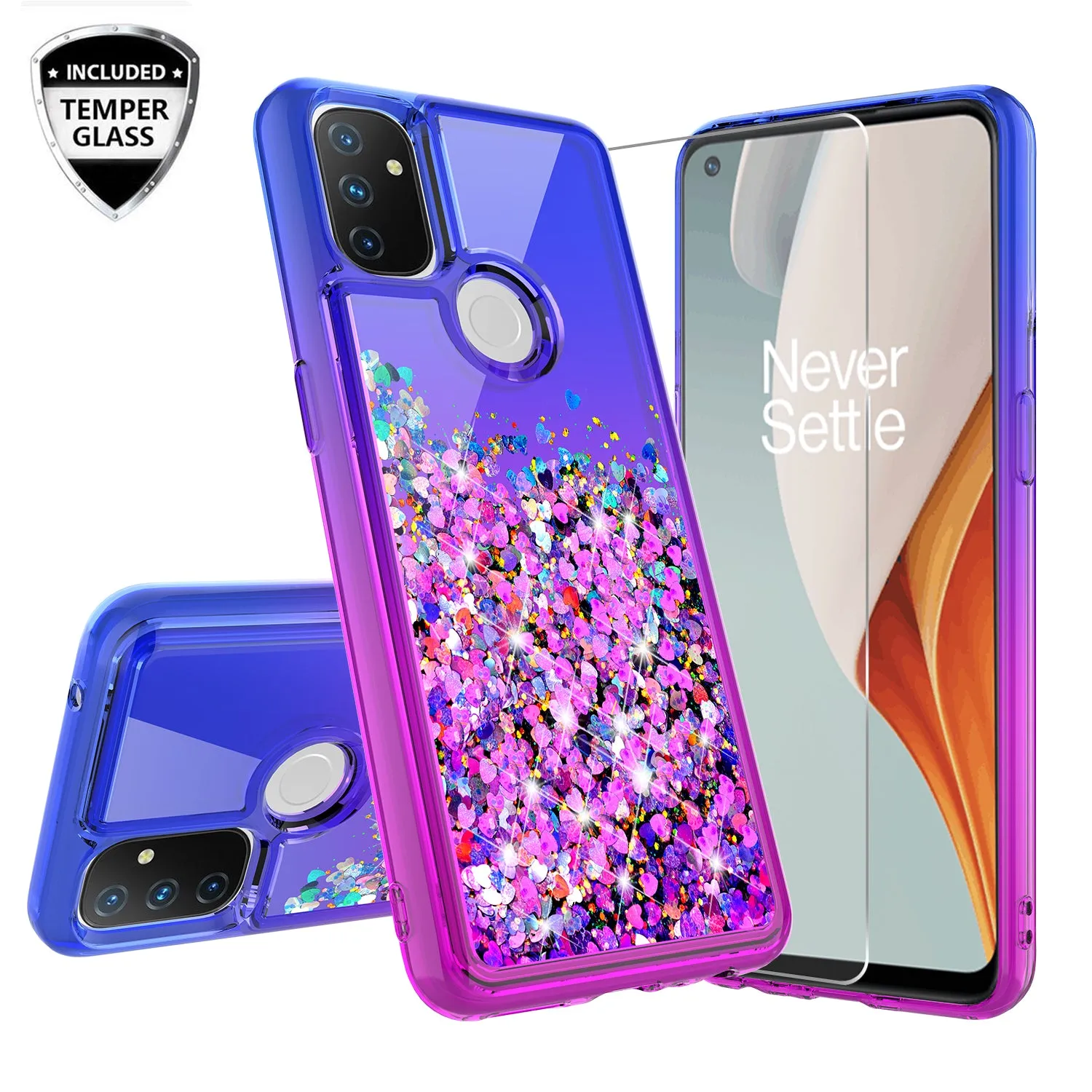 OnePlus Nord N10 5G Case Liquid Glitter Phone Case Waterfall Floating Quicksand Bling Sparkle Cute Protective Girls Women Cover for OnePlus Nord N10 5G w/ Tempered Glass - (Blue/Purple Gradient)