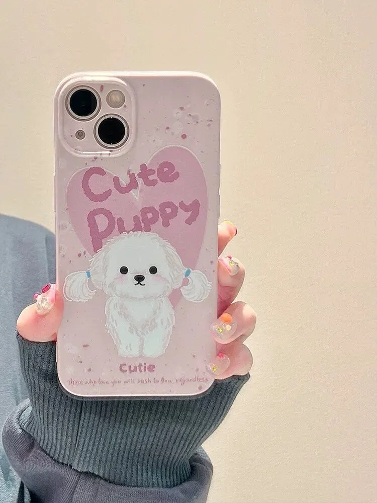 Pastel Color Pink Painting Flower White Cute Puppy Protective Shockproof Phone Case with Foldable Stand for iPhone 11 12 13 14 15 Pro Max