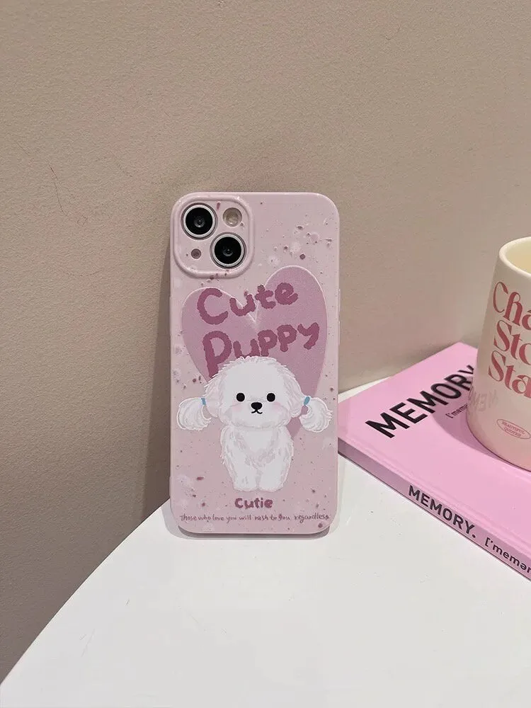 Pastel Color Pink Painting Flower White Cute Puppy Protective Shockproof Phone Case with Foldable Stand for iPhone 11 12 13 14 15 Pro Max