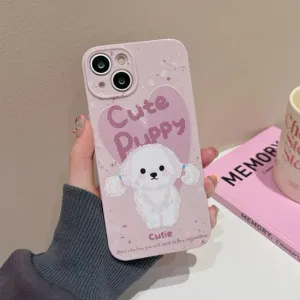 Pastel Color Pink Painting Flower White Cute Puppy Protective Shockproof Phone Case with Foldable Stand for iPhone 11 12 13 14 15 Pro Max