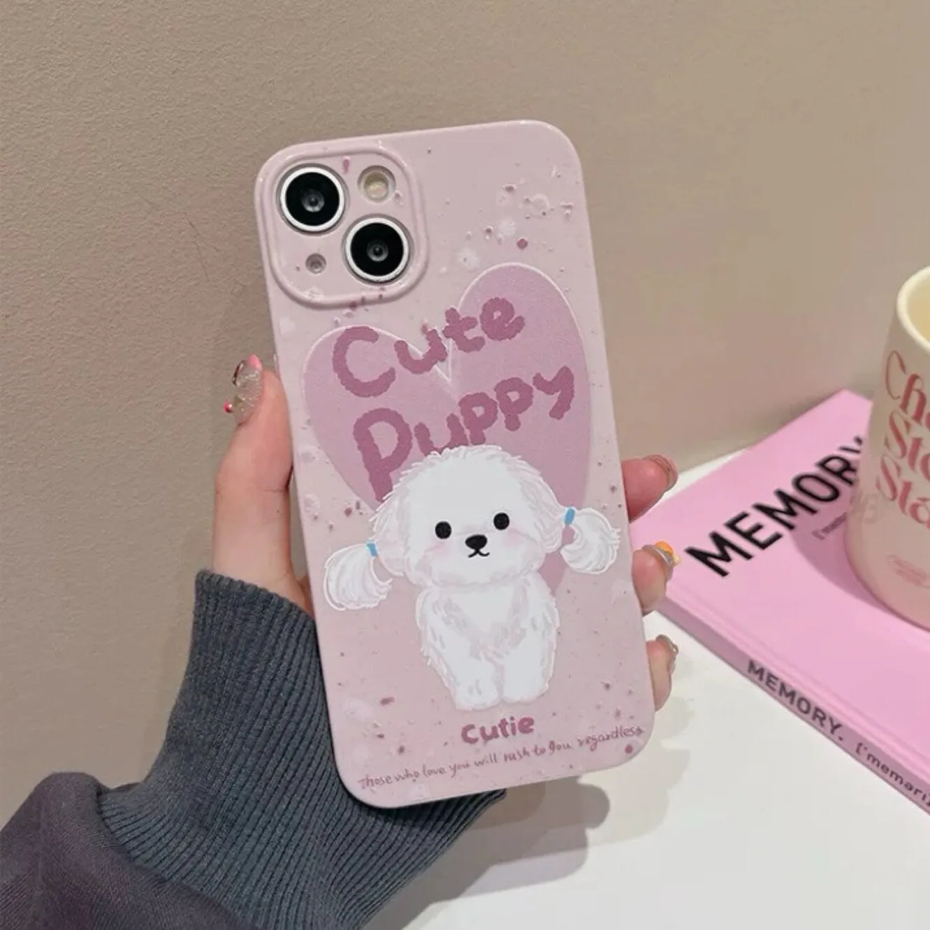 Pastel Color Pink Painting Flower White Cute Puppy Protective Shockproof Phone Case with Foldable Stand for iPhone 11 12 13 14 15 Pro Max