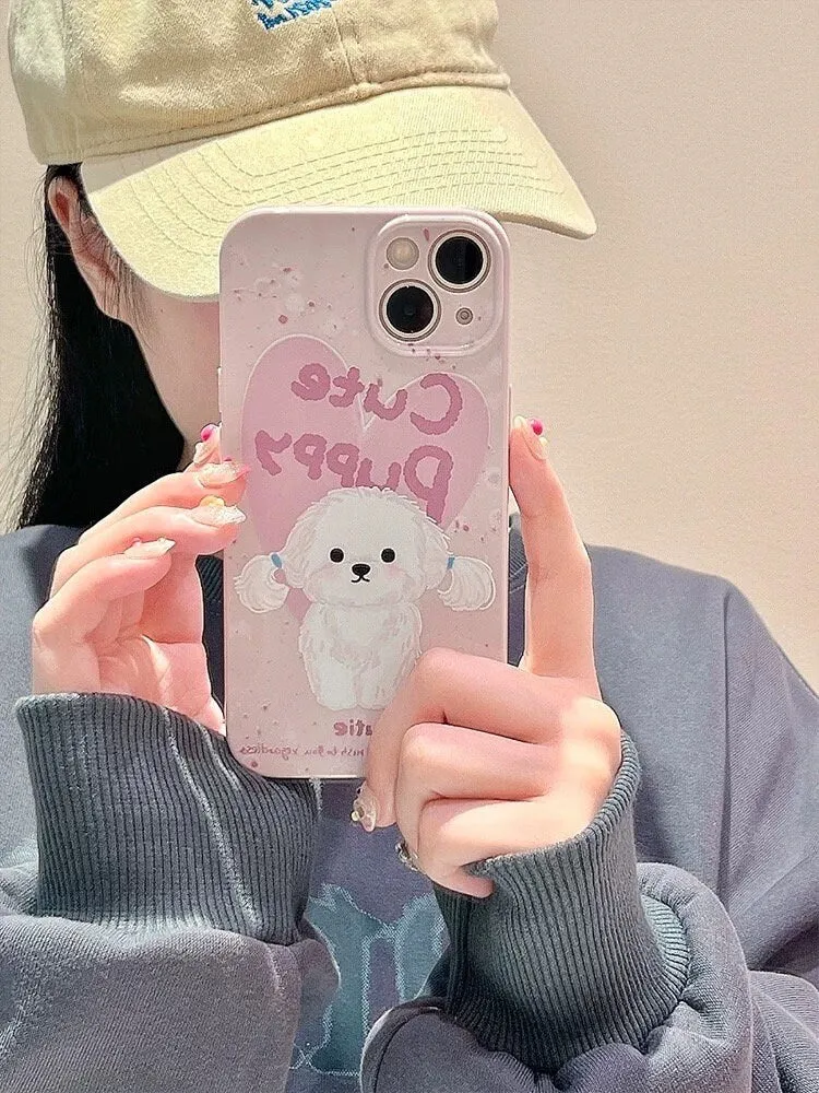 Pastel Color Pink Painting Flower White Cute Puppy Protective Shockproof Phone Case with Foldable Stand for iPhone 11 12 13 14 15 Pro Max