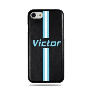 Personalized Blue Stripe iPhone SE 2 (2020) / iPhone 8 / iPhone 7 Black Leather Case