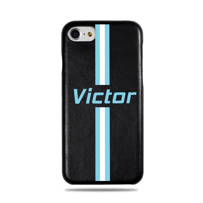 Personalized Blue Stripe iPhone SE 2 (2020) / iPhone 8 / iPhone 7 Black Leather Case