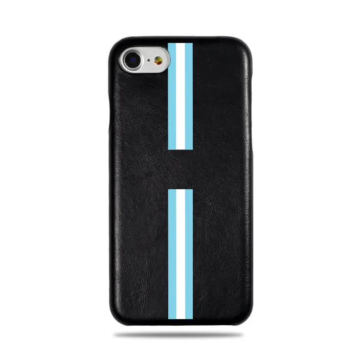 Personalized Blue Stripe iPhone SE 2 (2020) / iPhone 8 / iPhone 7 Black Leather Case
