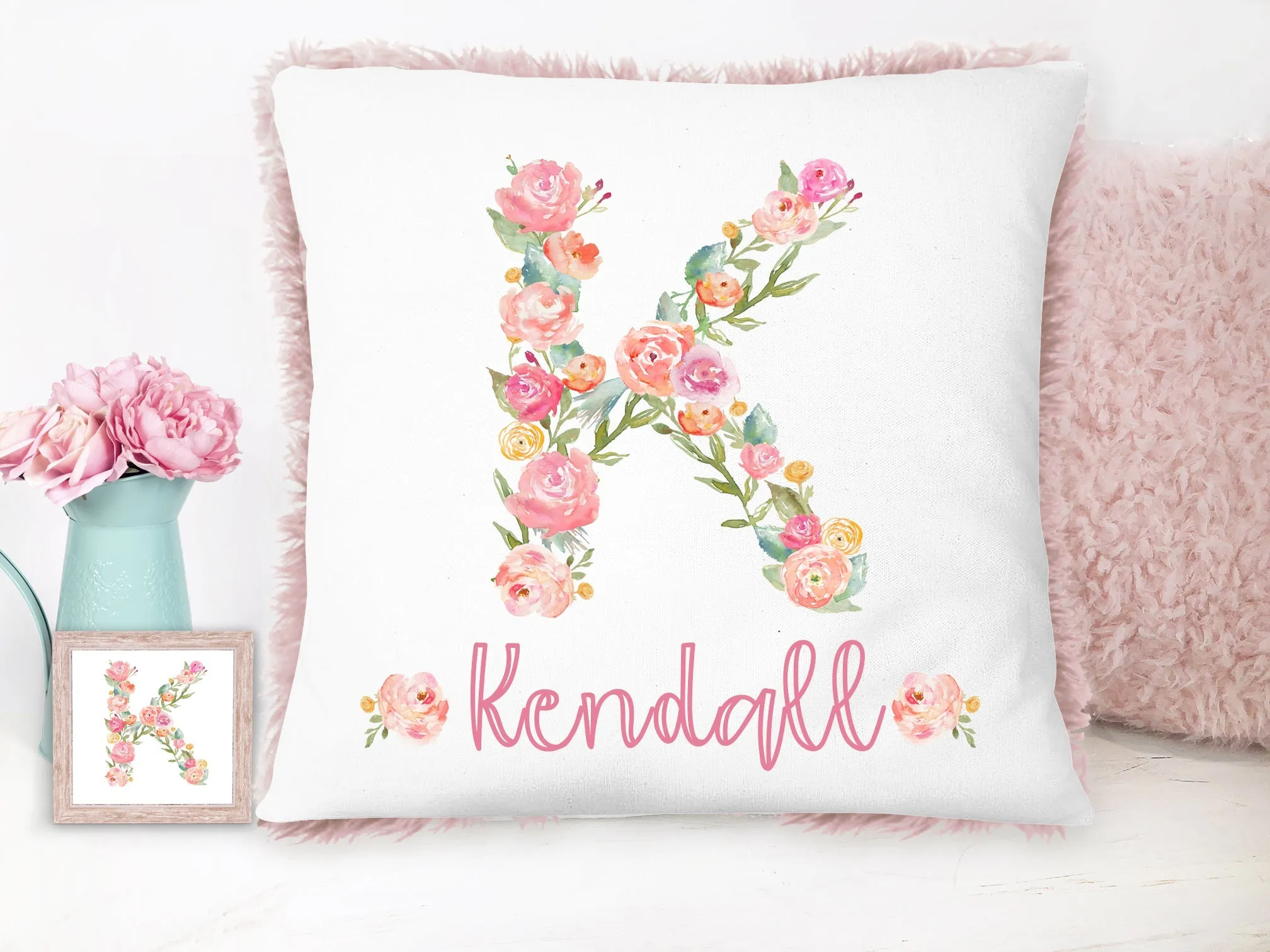 Personalized Floral Monogram Pink Plush Pillow