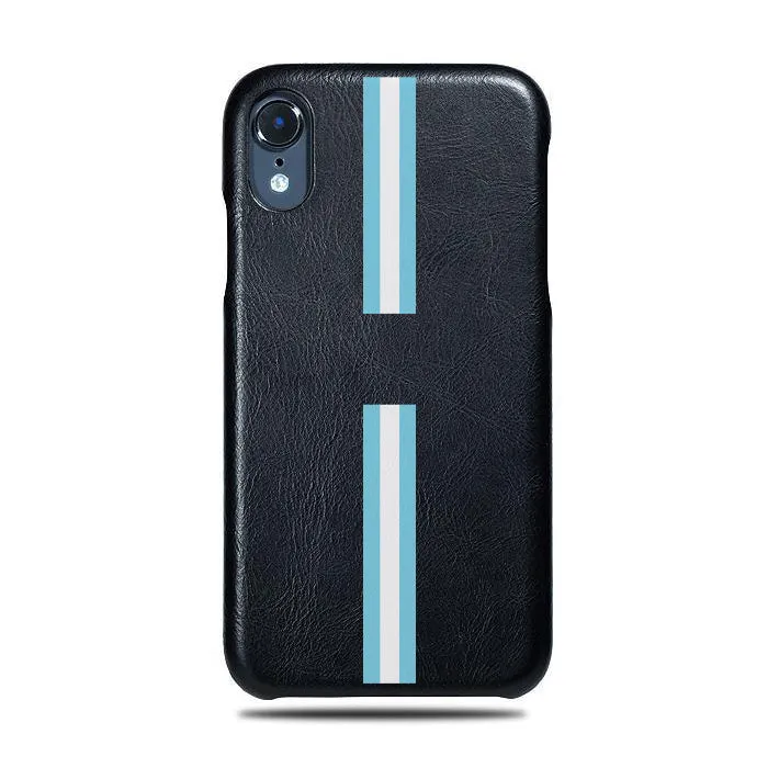 Personalized Hand Printed Blue Stripe iPhone XR Black Leather Case