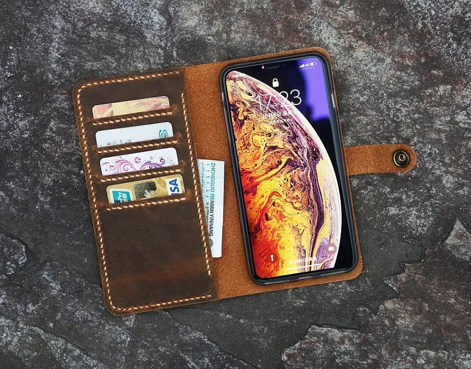 Personalized leather phone wallet for iPhone 16 15 14 13 12 11 Pro Max