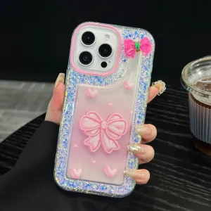 Pink Bow With Glitter Silicon Phone Case For iPhone 14 Pro