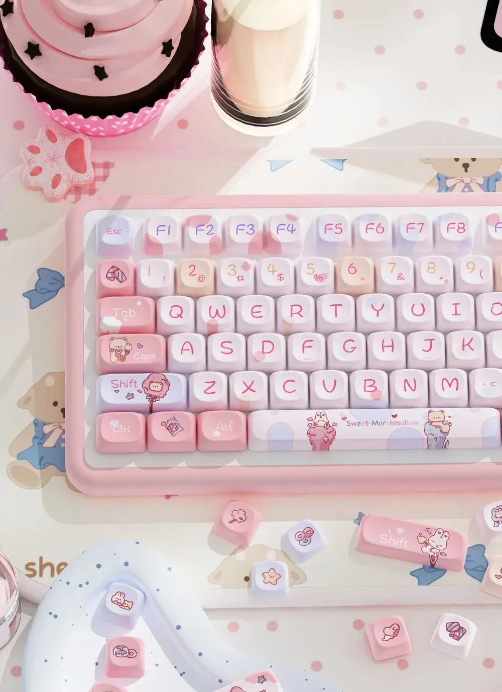Pink Kawaii Teddy Keycaps Set