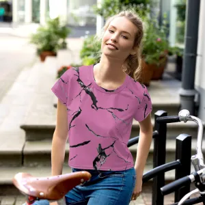 Pink Marble Print Crop Tee, Premium Women's Stretchy Cropped T-shirt-Made in USA/EU
