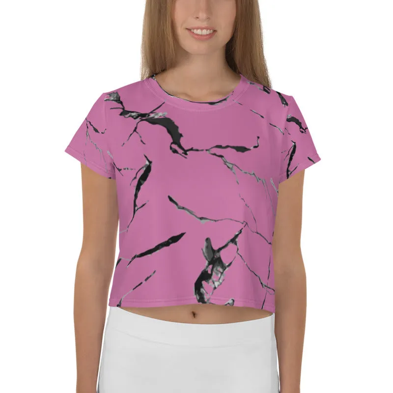 Pink Marble Print Crop Tee, Premium Women's Stretchy Cropped T-shirt-Made in USA/EU
