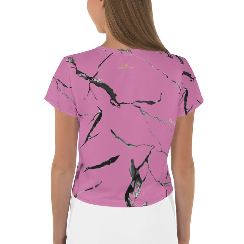 Pink Marble Print Crop Tee, Premium Women's Stretchy Cropped T-shirt-Made in USA/EU