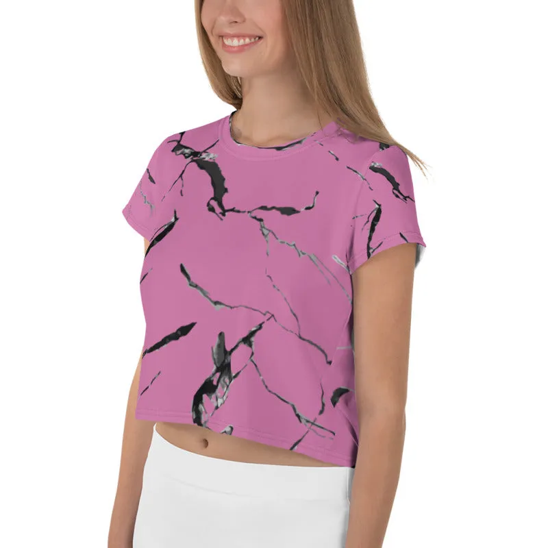 Pink Marble Print Crop Tee, Premium Women's Stretchy Cropped T-shirt-Made in USA/EU