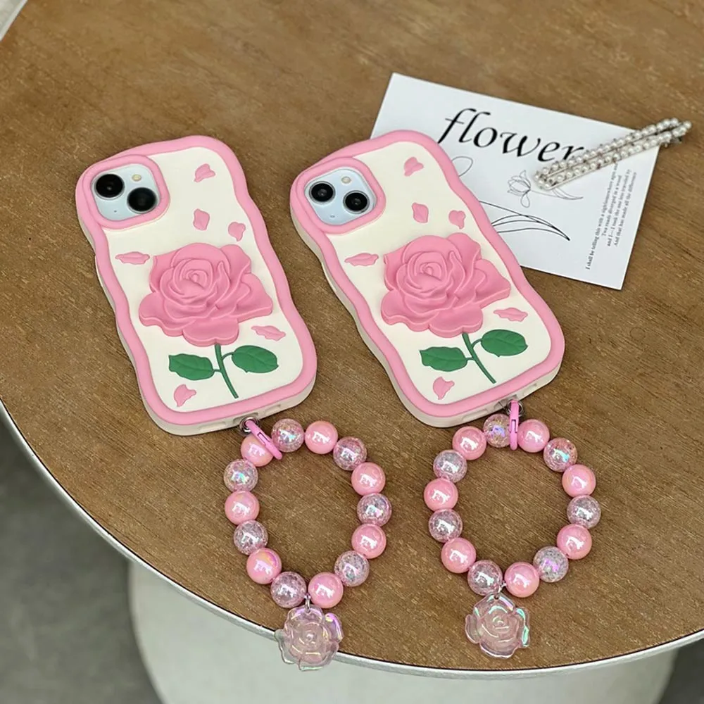Pink Rose Silicone Soft Cover With Bracelet - iPhone 14 Pro