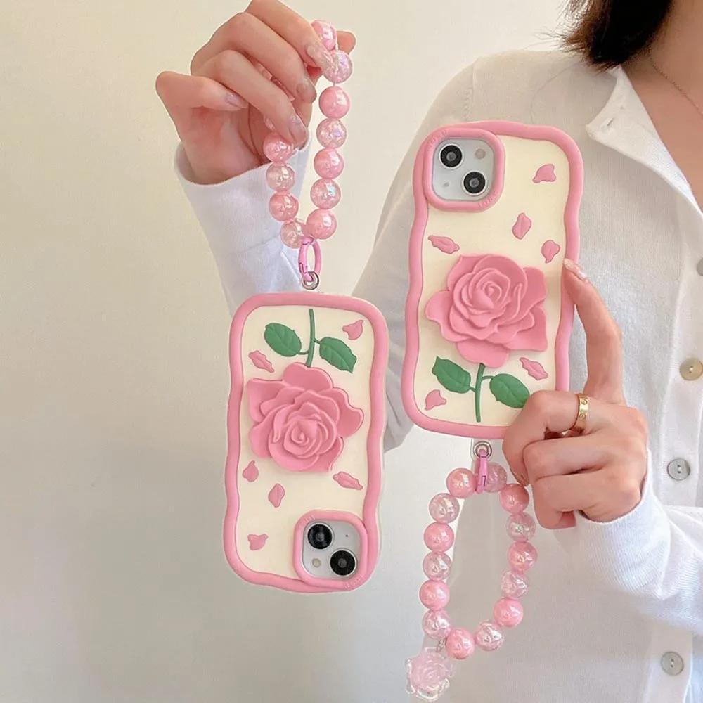 Pink Rose Silicone Soft Cover With Bracelet - iPhone 14 Pro