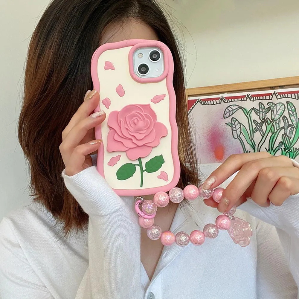 Pink Rose Silicone Soft Cover With Bracelet - iPhone 14 Pro