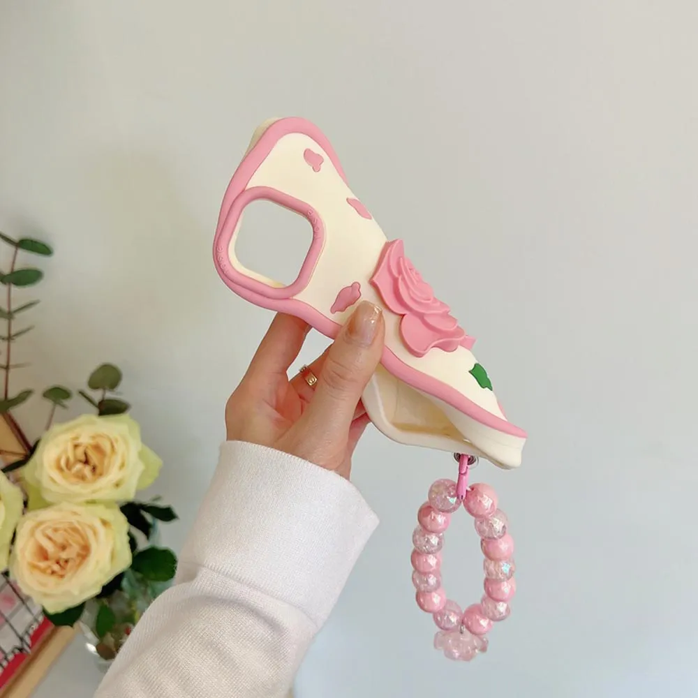 Pink Rose Silicone Soft Cover With Bracelet - iPhone 14 Pro
