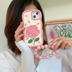 Pink Rose Silicone Soft Cover With Bracelet - iPhone 14 Pro