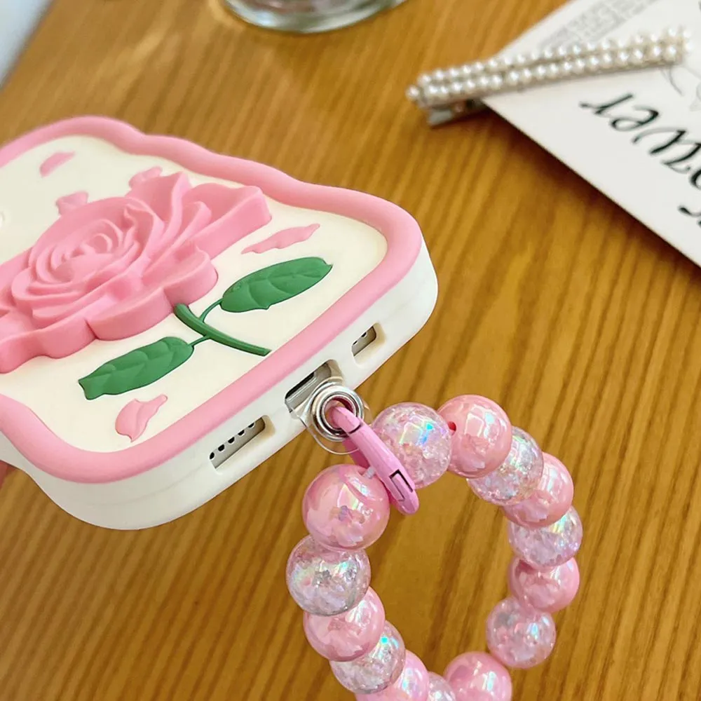 Pink Rose Silicone Soft Cover With Bracelet - iPhone 14 Pro
