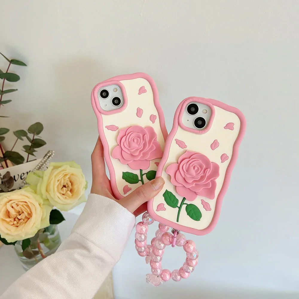 Pink Rose Silicone Soft Cover With Bracelet - iPhone 14 Pro