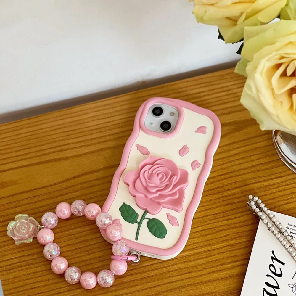Pink Rose Silicone Soft Cover With Bracelet - iPhone 14 Pro