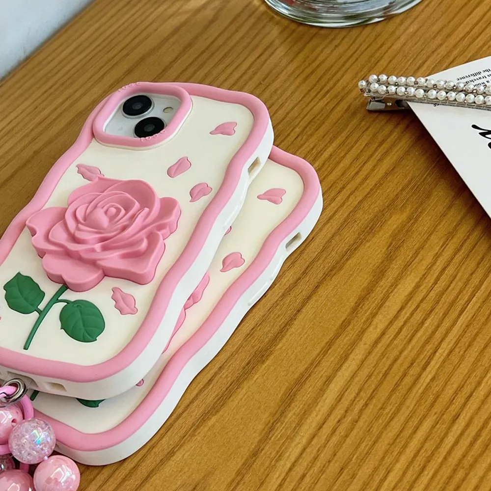 Pink Rose Silicone Soft Cover With Bracelet - iPhone 14 Pro