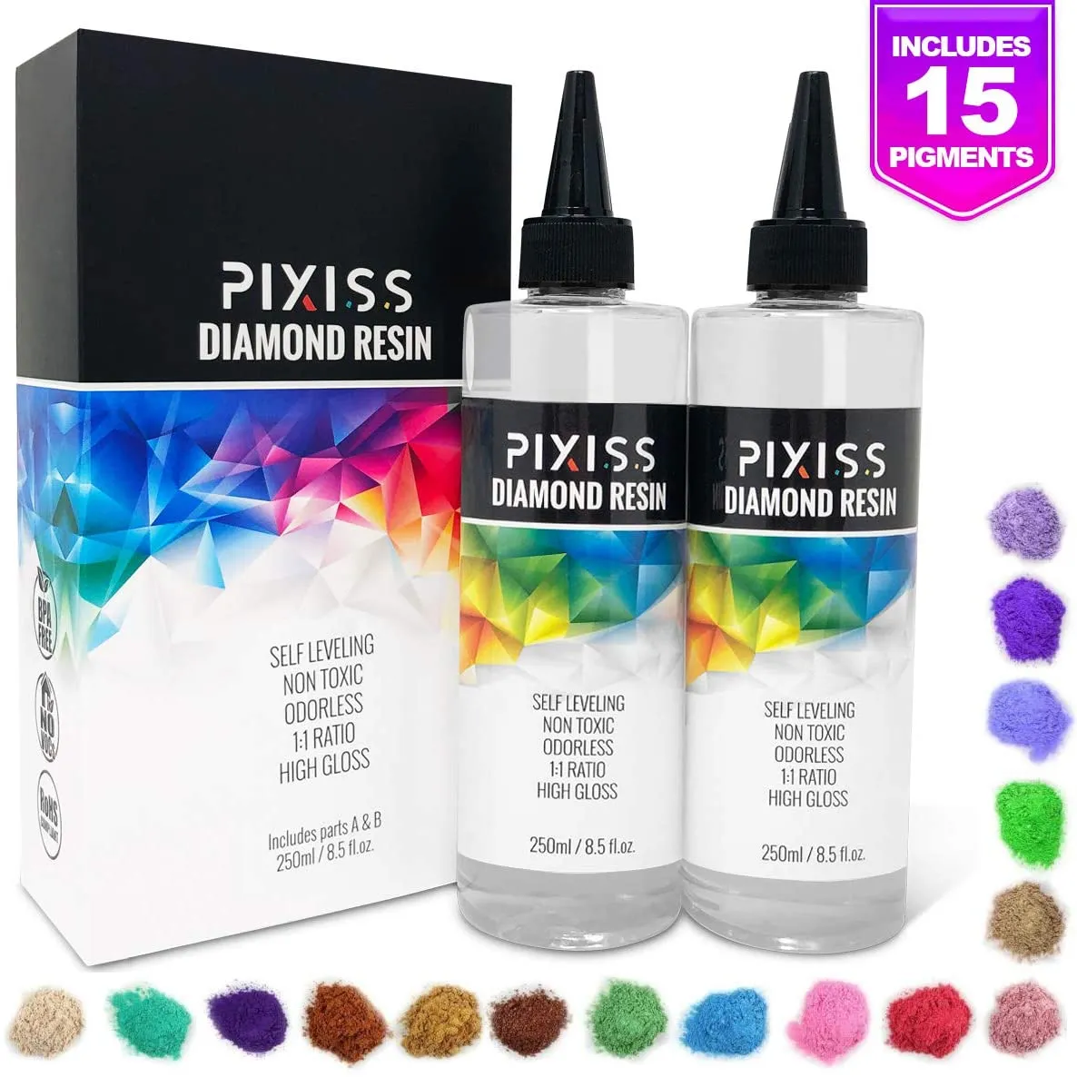 Pixiss Diamond Resin; 17oz. with 15 Mica Tinting Powders