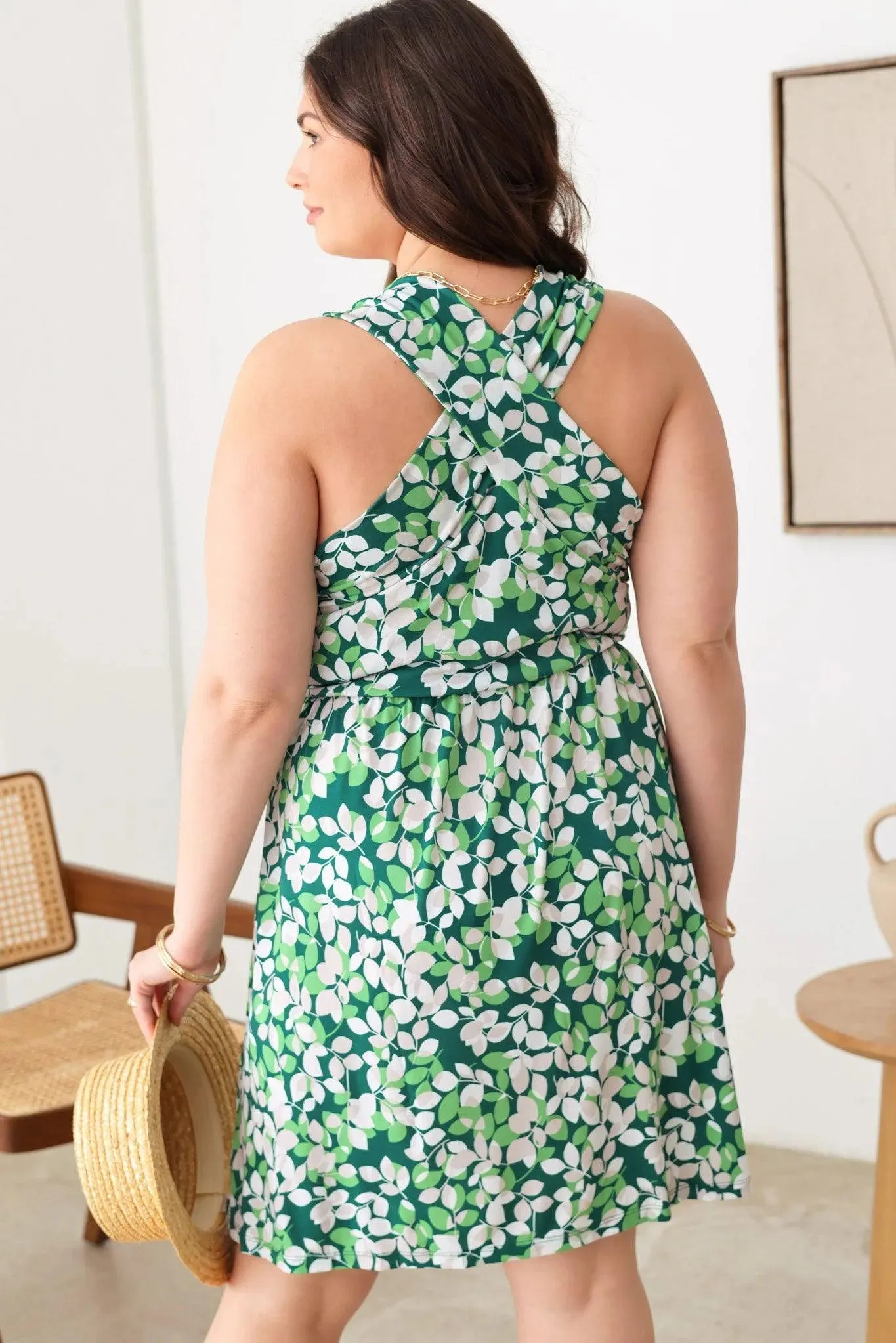 Plus Size Floral Back Cross Sleeve Elastic Waist Knee Length Dress
