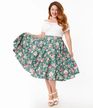 Plus Size Vintage Style Green & Pink Floral Print Swing Skirt