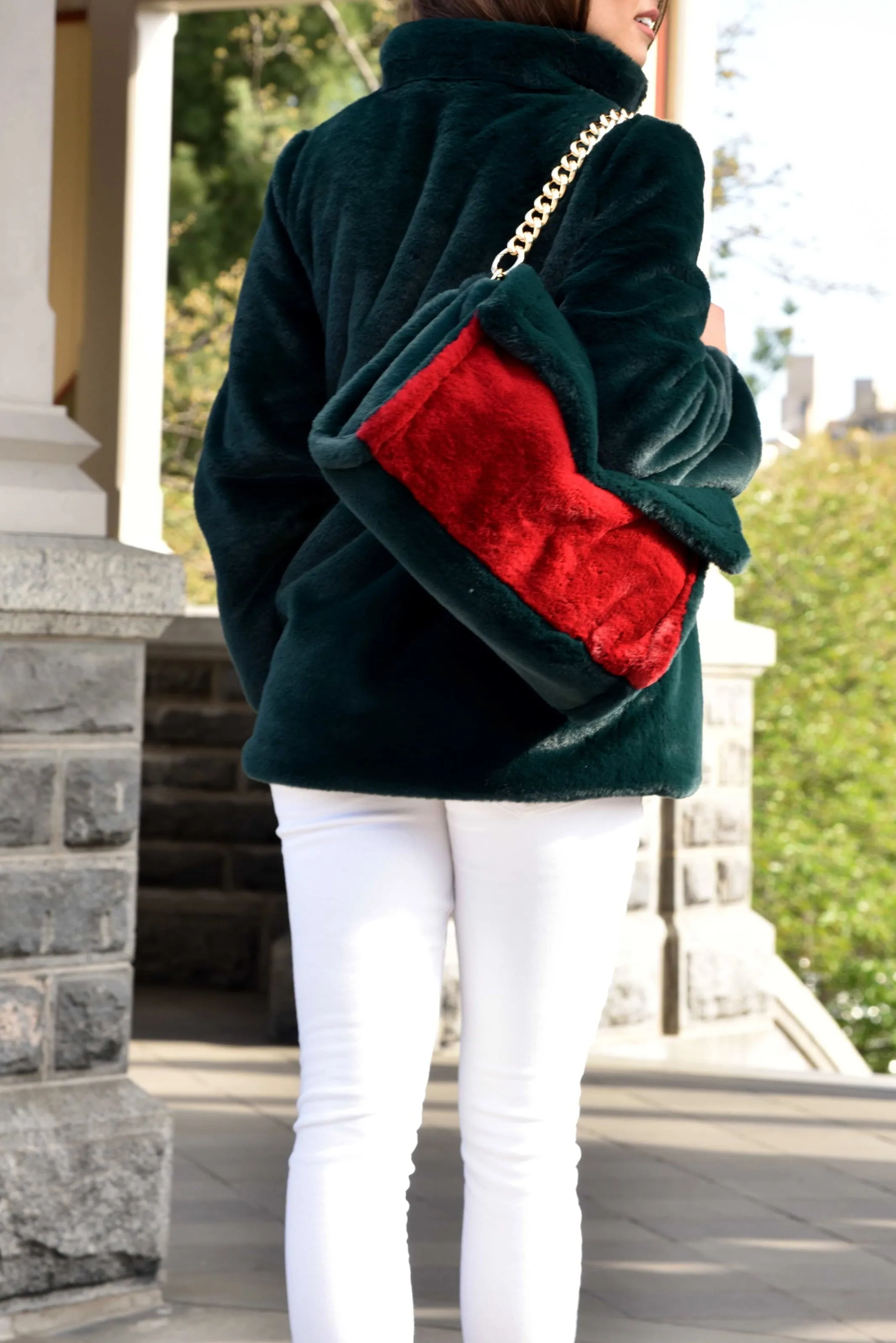 Plush Faux Fur Cinched Waist Jacket - Green