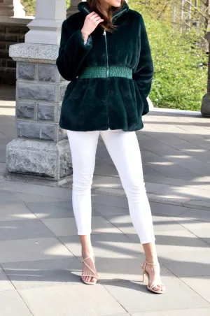 Plush Faux Fur Cinched Waist Jacket - Green