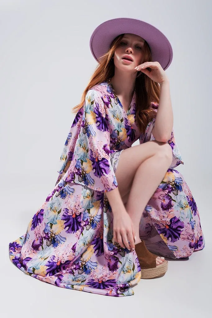 Q2 - Original Flutter Sleeve Maxi Dress in Purple Floral Print