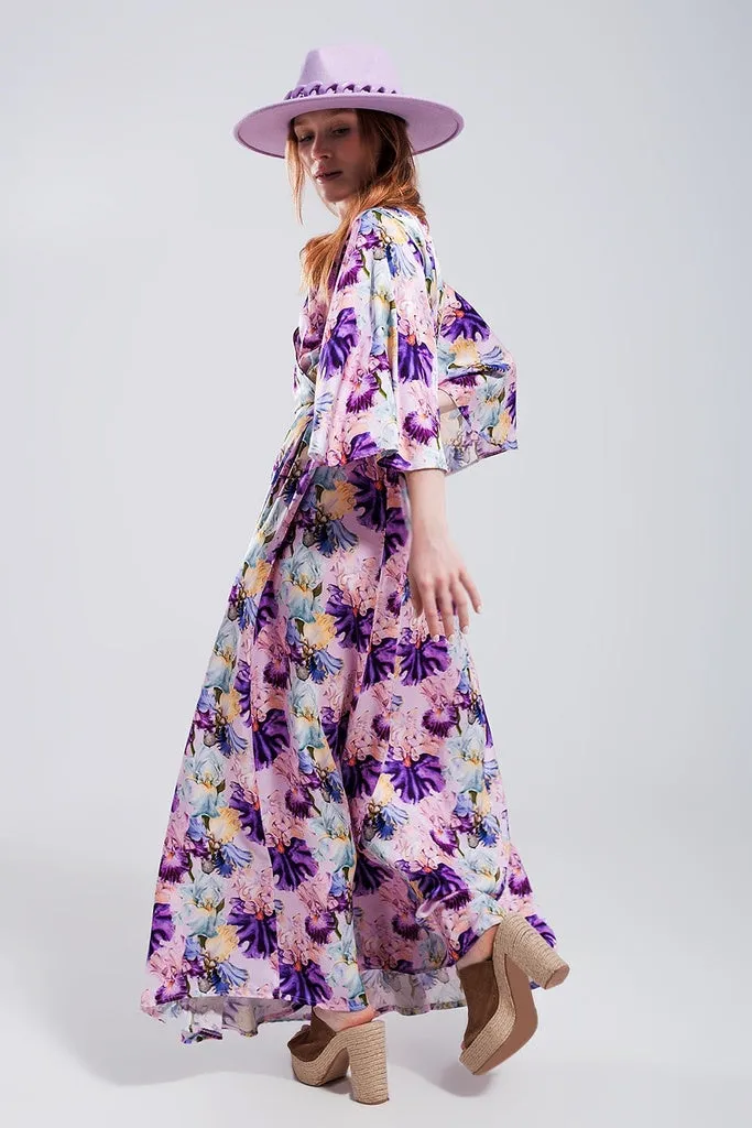 Q2 - Original Flutter Sleeve Maxi Dress in Purple Floral Print