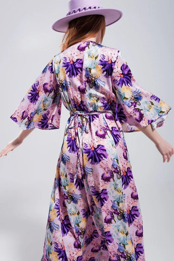 Q2 - Original Flutter Sleeve Maxi Dress in Purple Floral Print