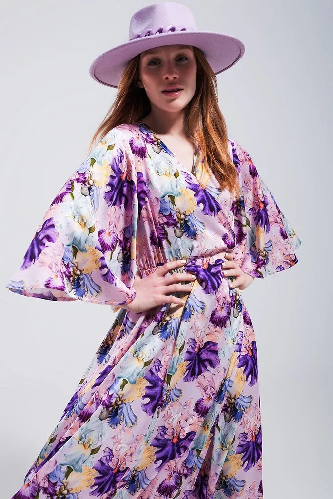 Q2 - Original Flutter Sleeve Maxi Dress in Purple Floral Print
