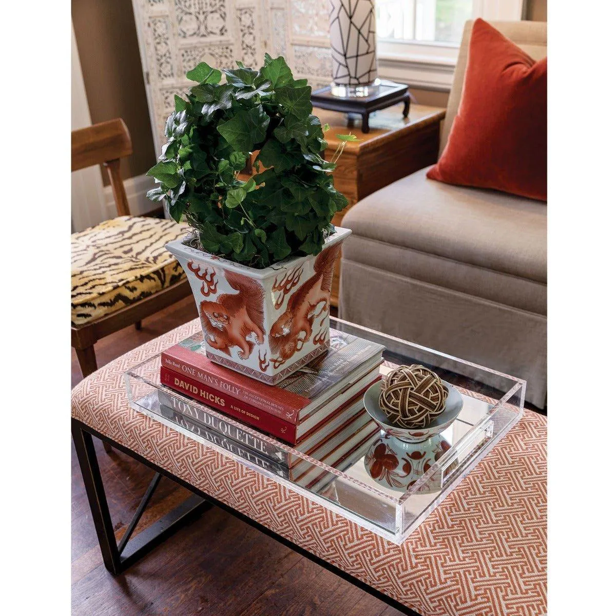 Rectangular Lucite Tray with Mirror Base