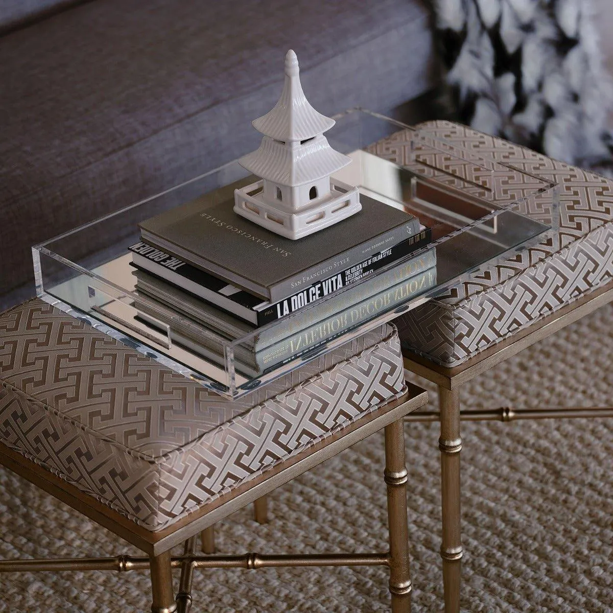 Rectangular Lucite Tray with Mirror Base